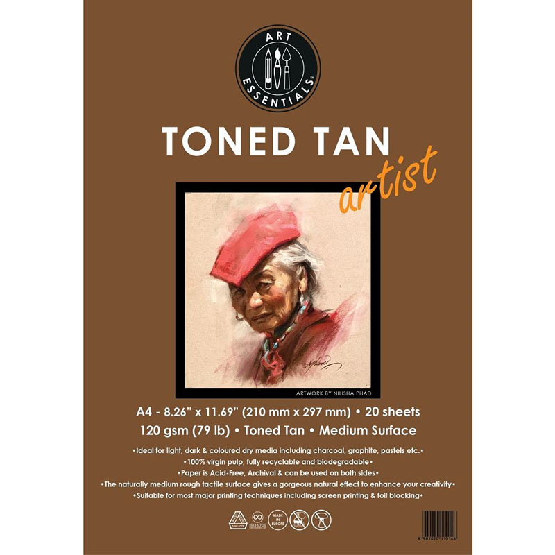 Art Essentials Toned Sketch Artist A4 Warm Tan Medium Surface 120 GSM Paper, Polypack of 20 Sheets