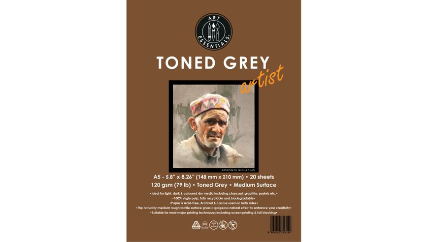 Art Essentials Toned Sketch Artist A5 Cool Grey Medium Surface 120 GSM Paper, Polypack of 20 Sheets