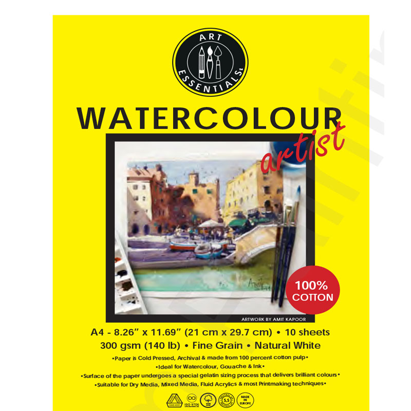 Art Essentials Watercolour Artist A4 Natural White Fine Grain/Cold Press 300 GSM 100% Cotton Paper, Polypack of 10 Sheets