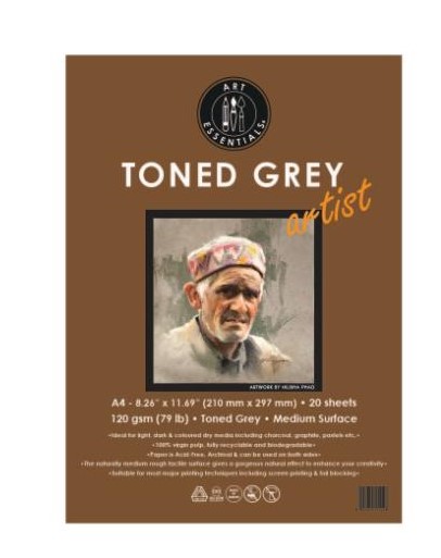 Art Essentials Toned Sketch Artist A4 Cool Grey Medium Surface 120 GSM Paper, Polypack of 20 Sheets