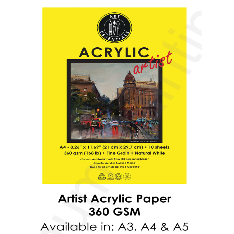 ART ESSENTIALS Art Essentials Artist Acrylic A4 Natural White Fine Grain 360 GSM Paper, Polypack of 10 Sheets 