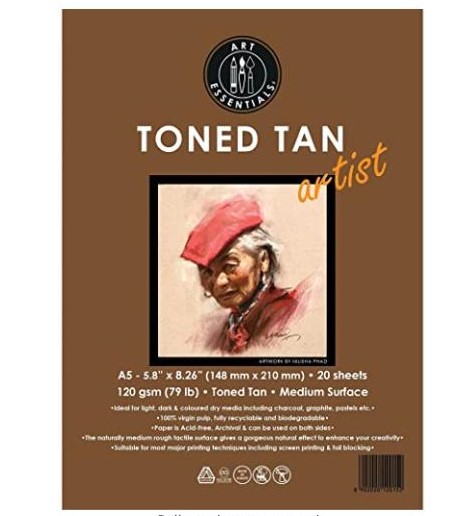 Art Essentials Toned Sketch Artist A5 Warm Tan Medium Surface 120 GSM Paper, Polypack of 20 Sheets