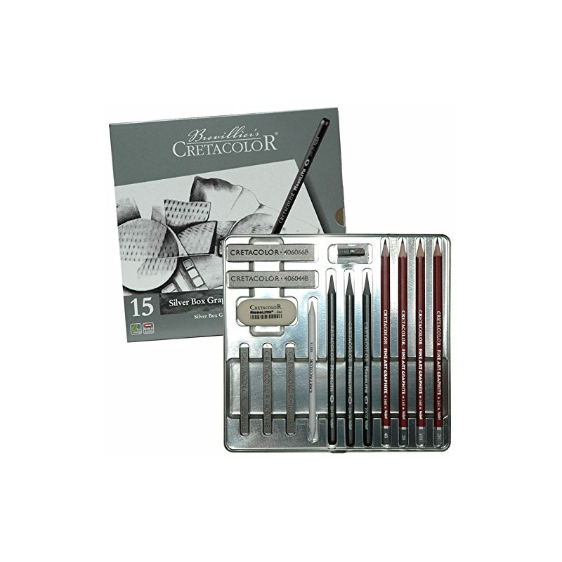 Cretacolor Silver Box Graphite Drawing Set of 15 Tin Box